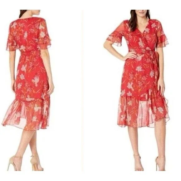Vince Camuto Wildflower Ruffle-Sleeve Dress - Coral Sunset